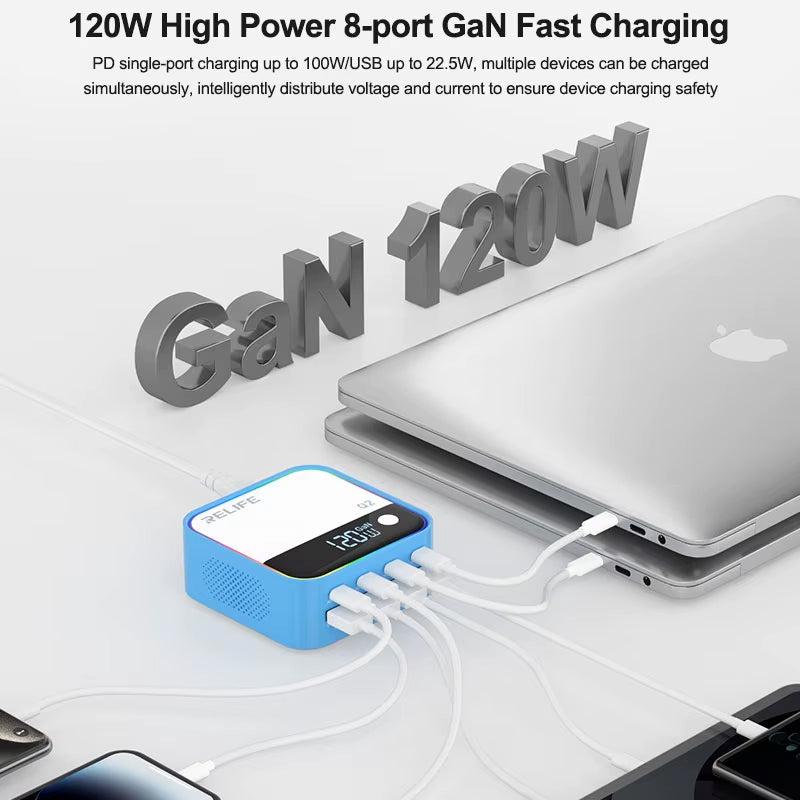 Зарядно устройство станция Relife Q2, 120W, 5A, 4 x USB-A - 4 x USB-C, Синьо