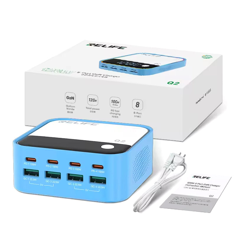 Зарядно устройство станция Relife Q2, 120W, 5A, 4 x USB-A - 4 x USB-C, Синьо