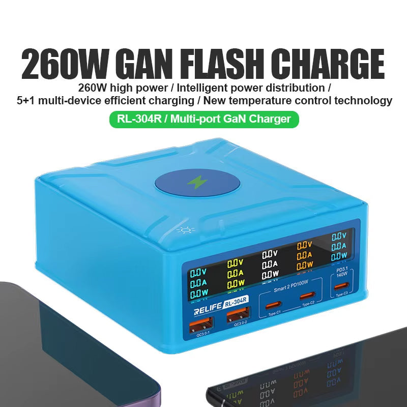 Зарядно устройство станция Relife RL-304R QI, 260W, 3A, 2 x USB-A - 3 x USB-C, Синьо