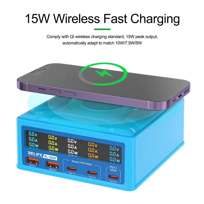 Зарядно устройство станция Relife RL-304R QI, 260W, 3A, 2 x USB-A - 3 x USB-C, Синьо