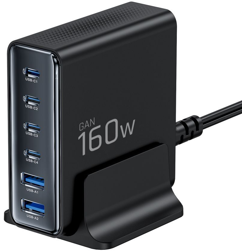 Зарядно устройство Tech-Protect DC160W-GAN, 160W, 5A, 2 x USB-A - 4 x USB-C, Черно