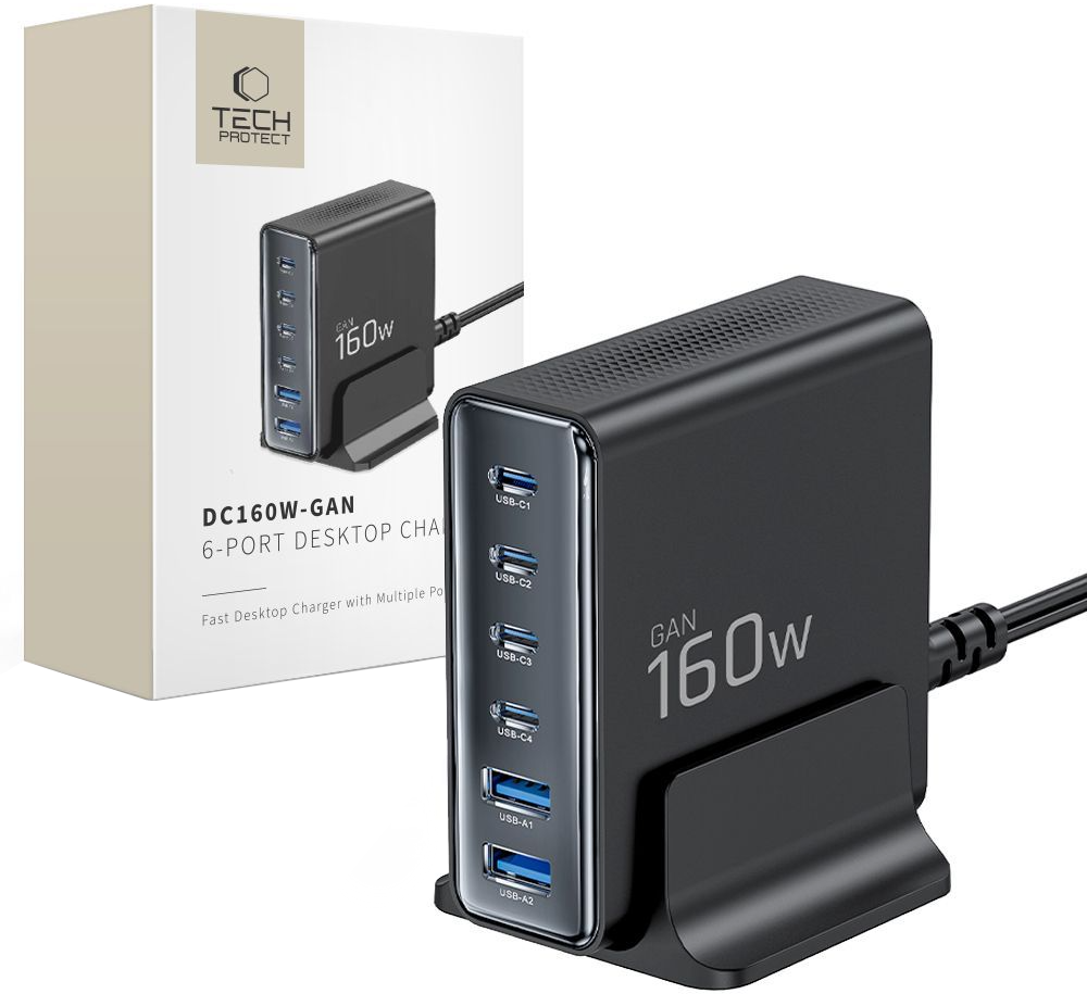 Зарядно устройство Tech-Protect DC160W-GAN, 160W, 5A, 2 x USB-A - 4 x USB-C, Черно