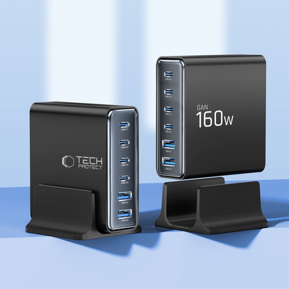 Зарядно устройство Tech-Protect DC160W-GAN, 160W, 5A, 2 x USB-A - 4 x USB-C, Черно