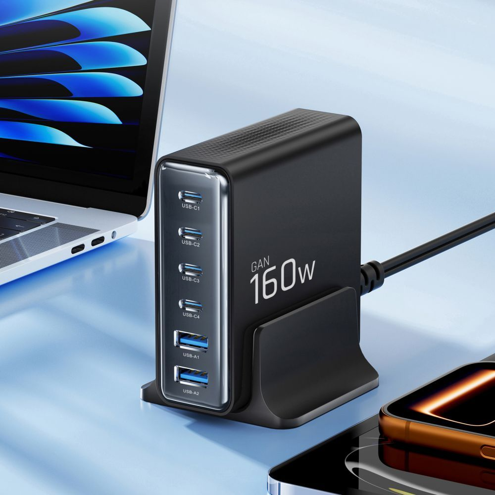 Зарядно устройство Tech-Protect DC160W-GAN, 160W, 5A, 2 x USB-A - 4 x USB-C, Черно