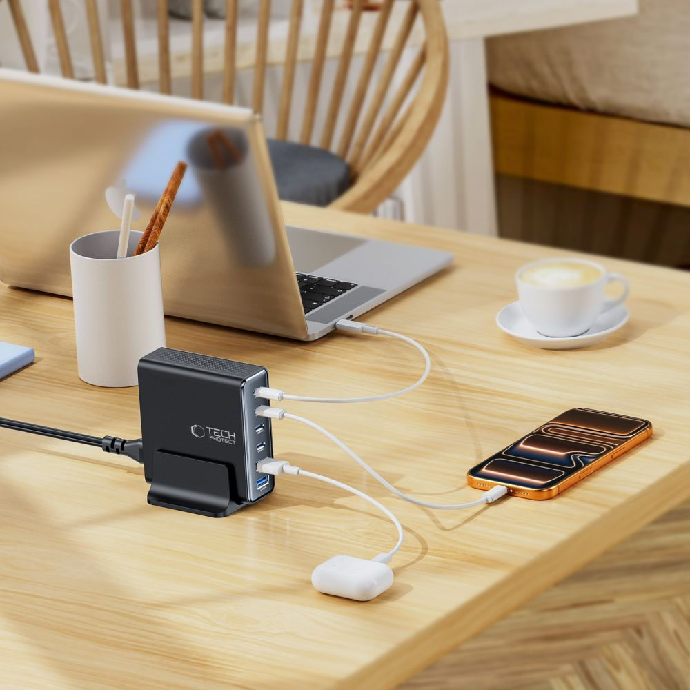 Зарядно устройство Tech-Protect DC160W-GAN, 160W, 5A, 2 x USB-A - 4 x USB-C, Черно