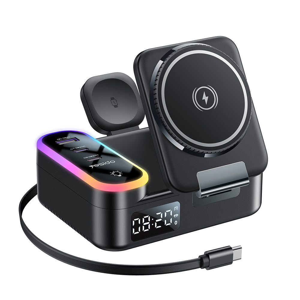 Зарядно устройство Yesido DS38 Display QI 3в1, 65W, 3A, 1 x USB-A - 2 x USB-C, Черно