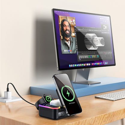 Зарядно устройство Yesido DS38 Display QI 3в1, 65W, 3A, 1 x USB-A - 2 x USB-C, Черно