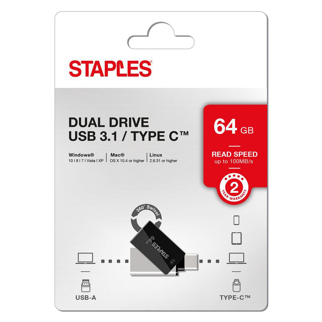Външна памет USB-A 3.1 / USB-C Staples K23, 64Gb EKMMD64GK233CST