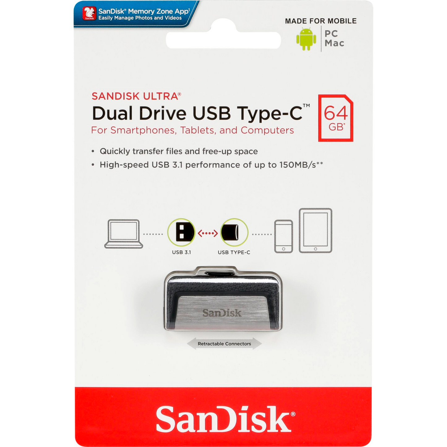 Външна памет USB-A 3.1 / USB-C SanDisk Ultra Dual Drive, 64Gb SDDDC2-064G-G46