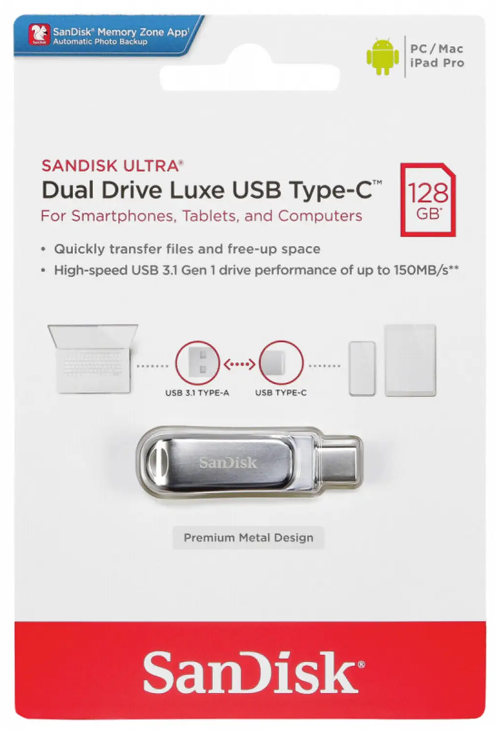 Външна памет USB-A 3.2 / USB-C SanDisk Ultra Luxe Dual Drive, 128Gb SDDDC4-128G-G46
