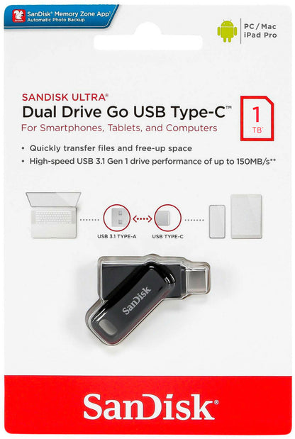 Външна памет USB-A 3.2 / USB-C SanDisk Ultra Dual Go, 1TB SDDDC3-1T00-G46