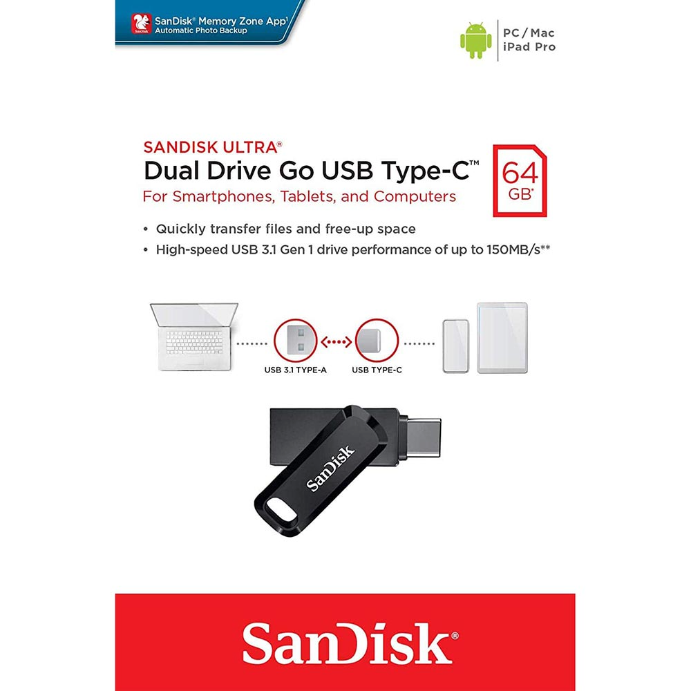 Външна памет USB-A 3.2 / USB-C SanDisk Ultra Dual Go, 64Gb SDDDC3-064G-G46