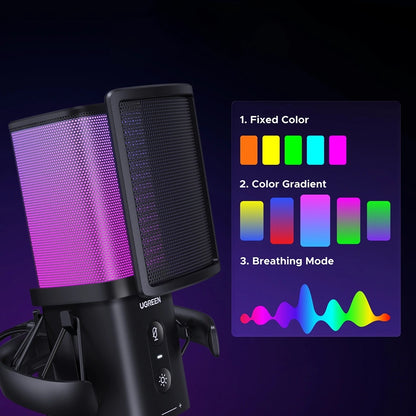 Микрофон Cardioid UGREEN CM581 (65629), RGB, USB-C, 1.5m, Черен