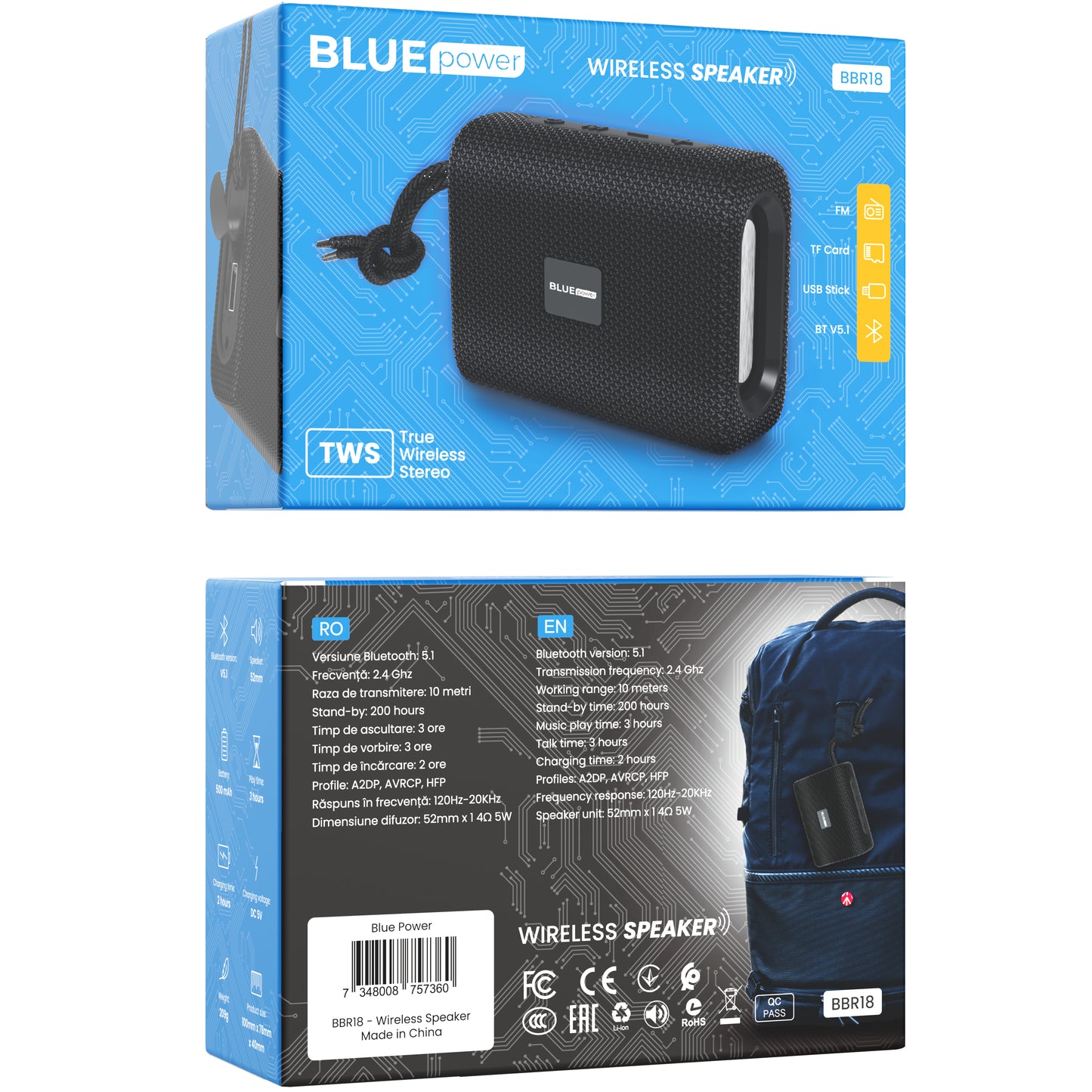 BLUE Power BBR18 Encourage Спортен Bluetooth преносим високоговорител, 5W, TWS, черен