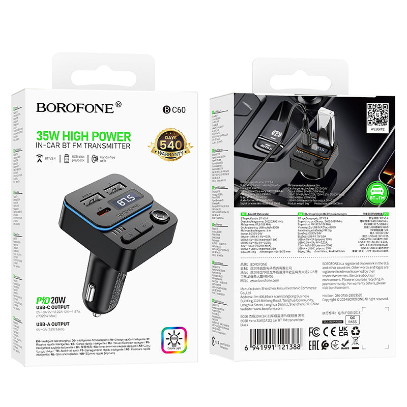 FM Bluetooth модулатор Borofone BC60 Hero, 2 x USB-A - 1 x USB-C