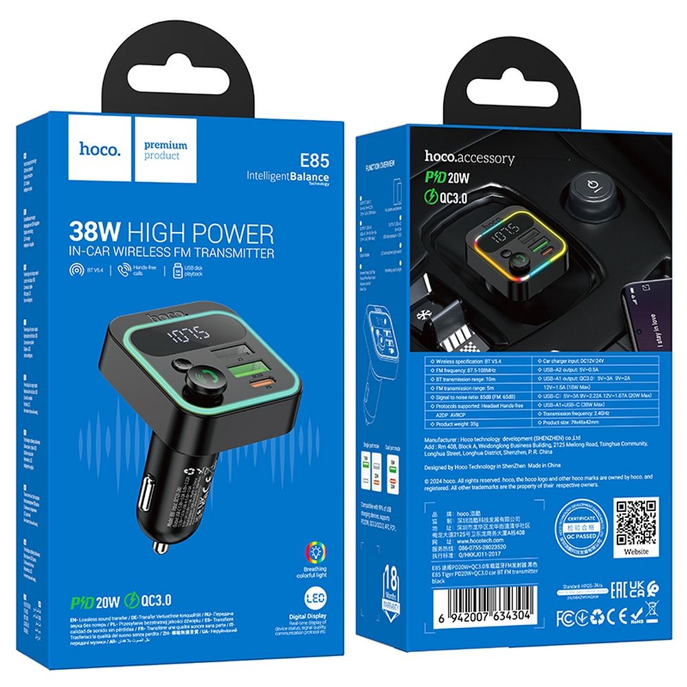 HOCO E85 Bluetooth FM Modulator, 2 x USB-A - 1 x USB-C