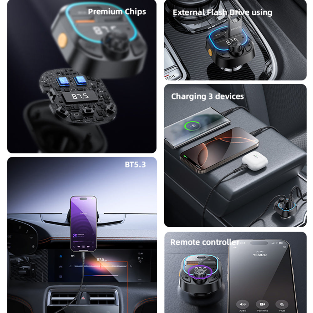 FM модулатор Bluetooth Yesido Y70, 2 x USB-A - 1 x USB-C