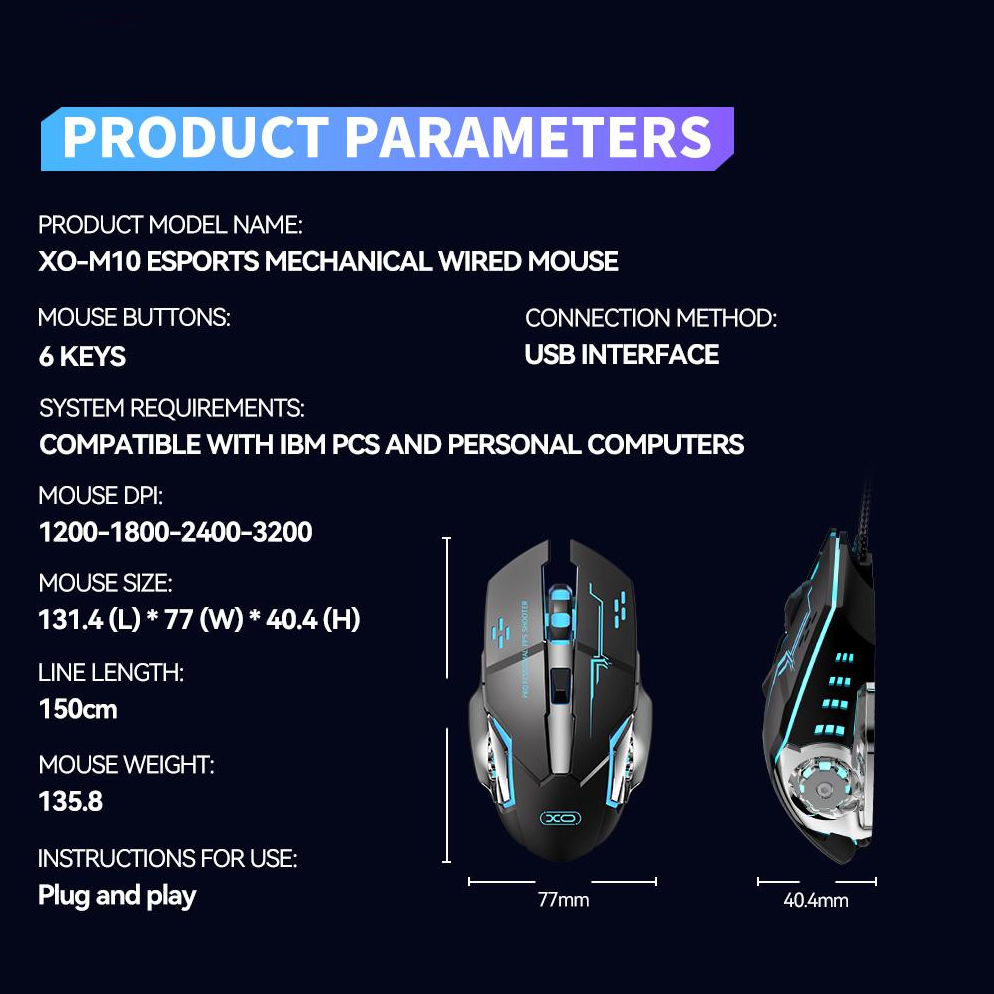 Wired USB Gaming Mouse XO Design M10, RGB, 3200DPI, Black
