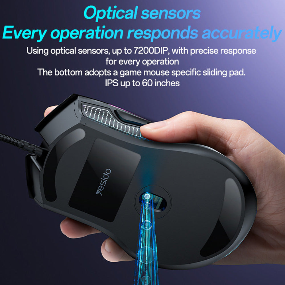Игрална мишка с кабел USB Yesido KB20, RGB, 1000DPI - 7200DPI, Черна