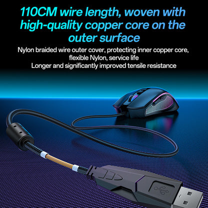 Игрална мишка с кабел USB Yesido KB20, RGB, 1000DPI - 7200DPI, Черна