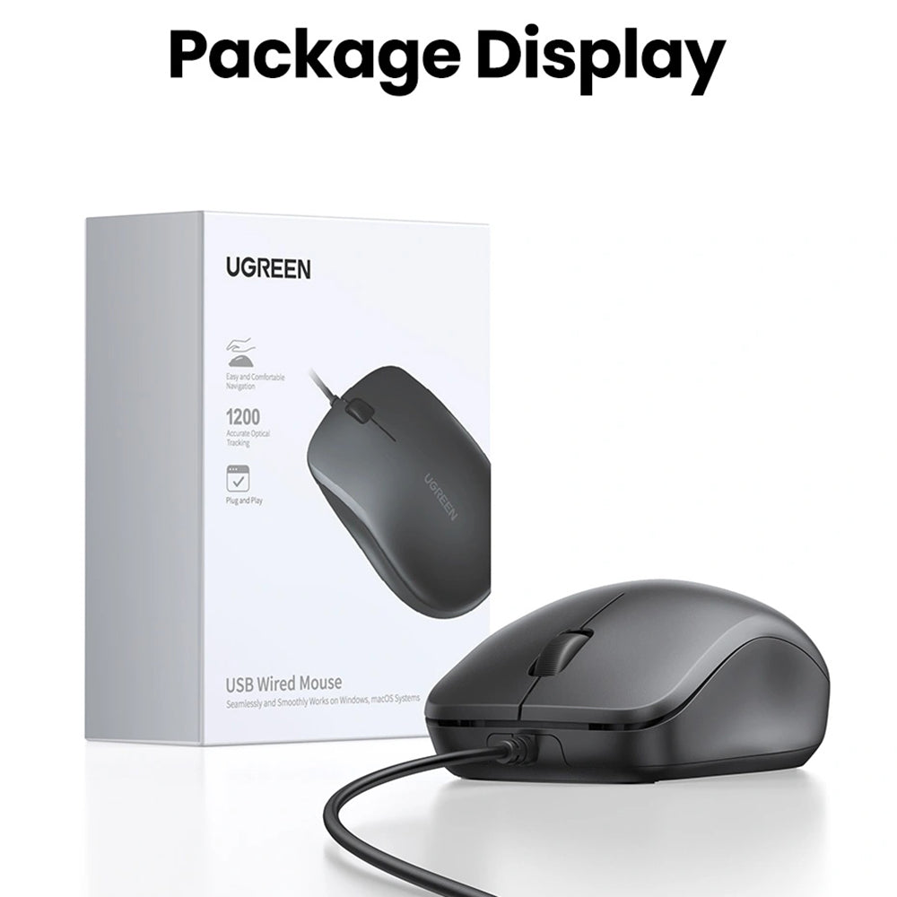 Мишка с кабел USB UGREEN MU007, 1200DPI, 1.5m, Черен