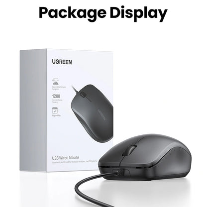 Мишка с кабел USB UGREEN MU007, 1200DPI, 1.5m, Черен