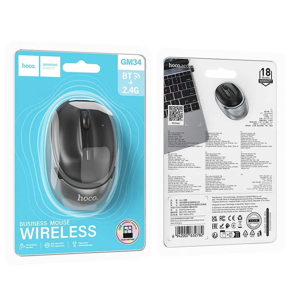 Безжична мишка HOCO GM34, 1600DPI, BT / Wi-Fi, Черна