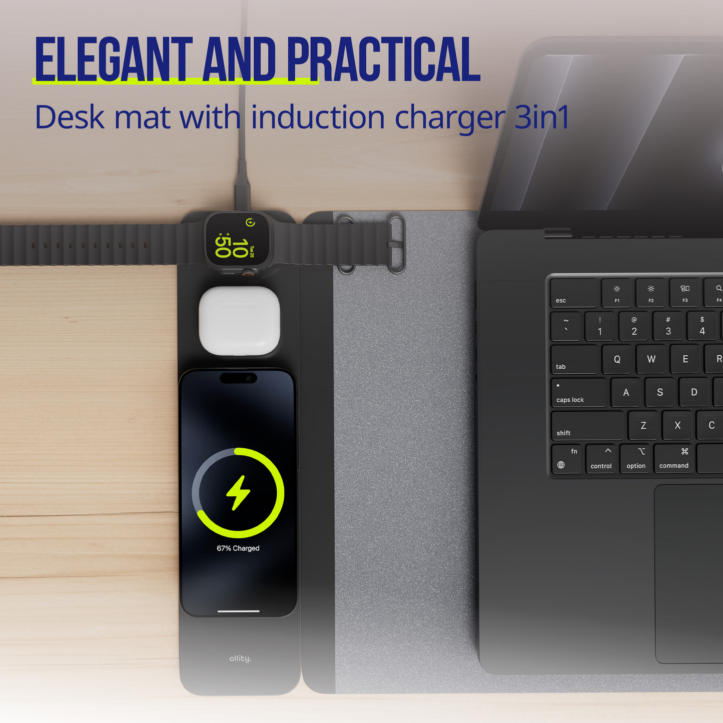 MousePad Allity. ALP-100 4в1 с безжично зареждане за телефон / часовник / слушалки, черен