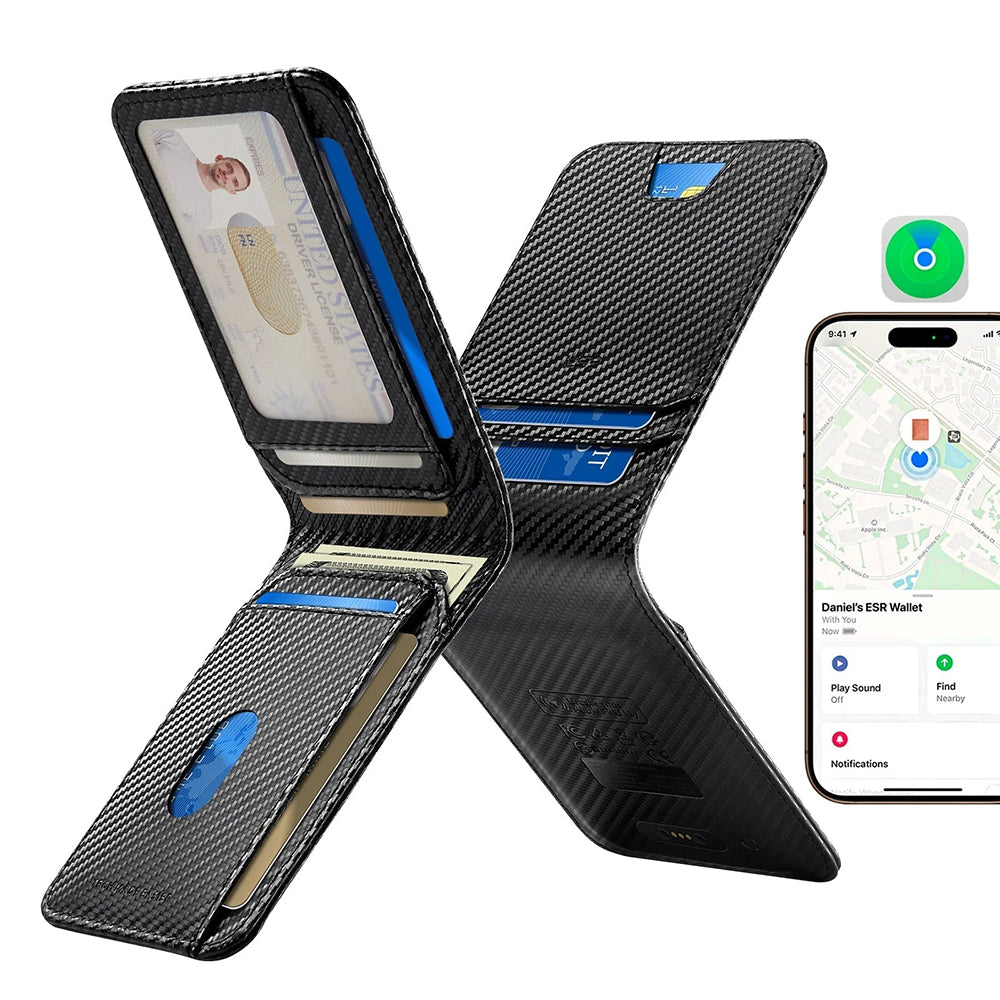 Портфейл ESR Classic Geo Carbon с функция Find My и защита RFID, Черен