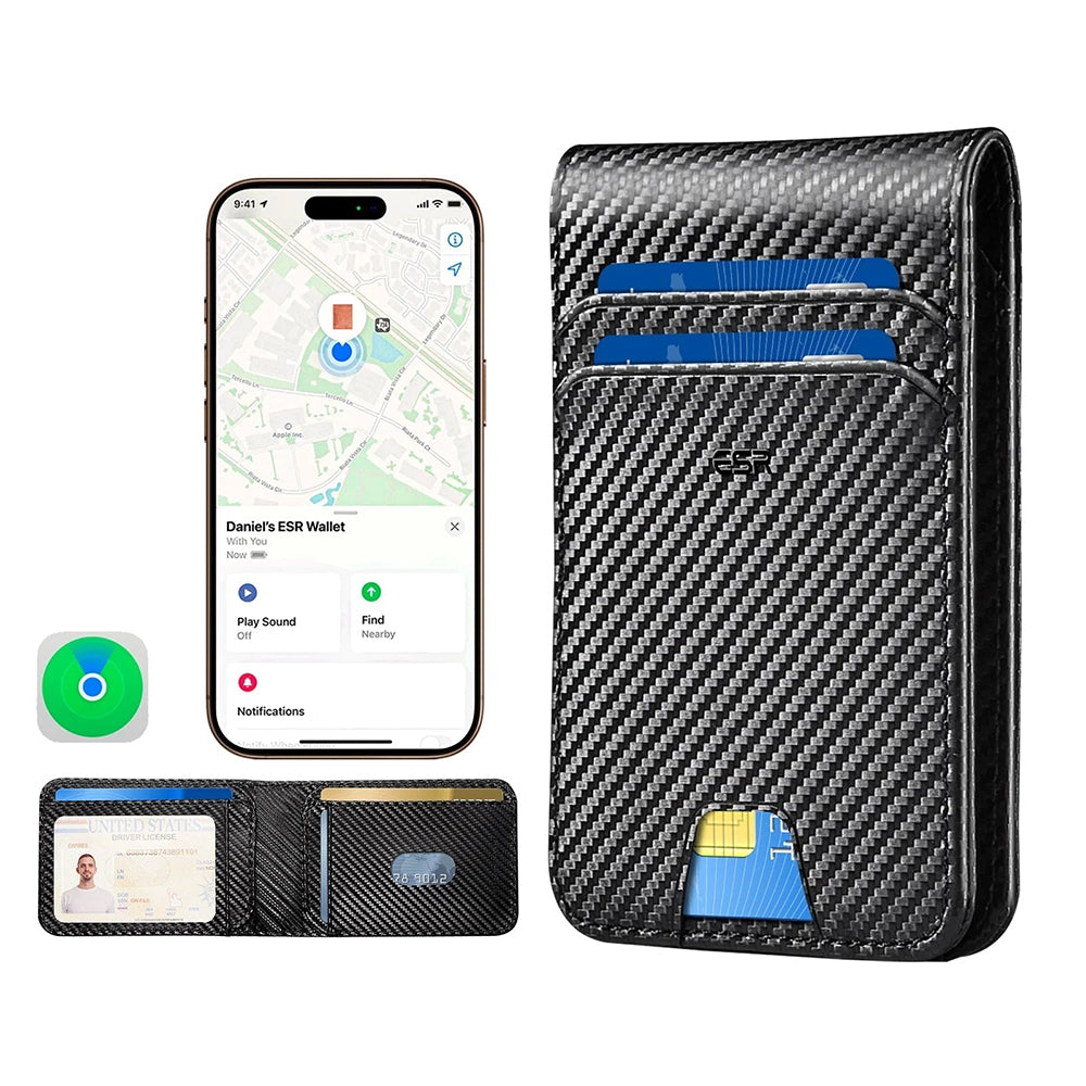 Портфейл ESR Classic Geo Carbon с функция Find My и защита RFID, Черен