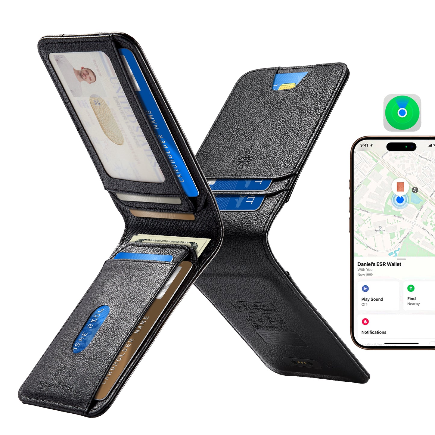 Портфейл ESR Classic Geo с функция Find My и защита RFID, Черен