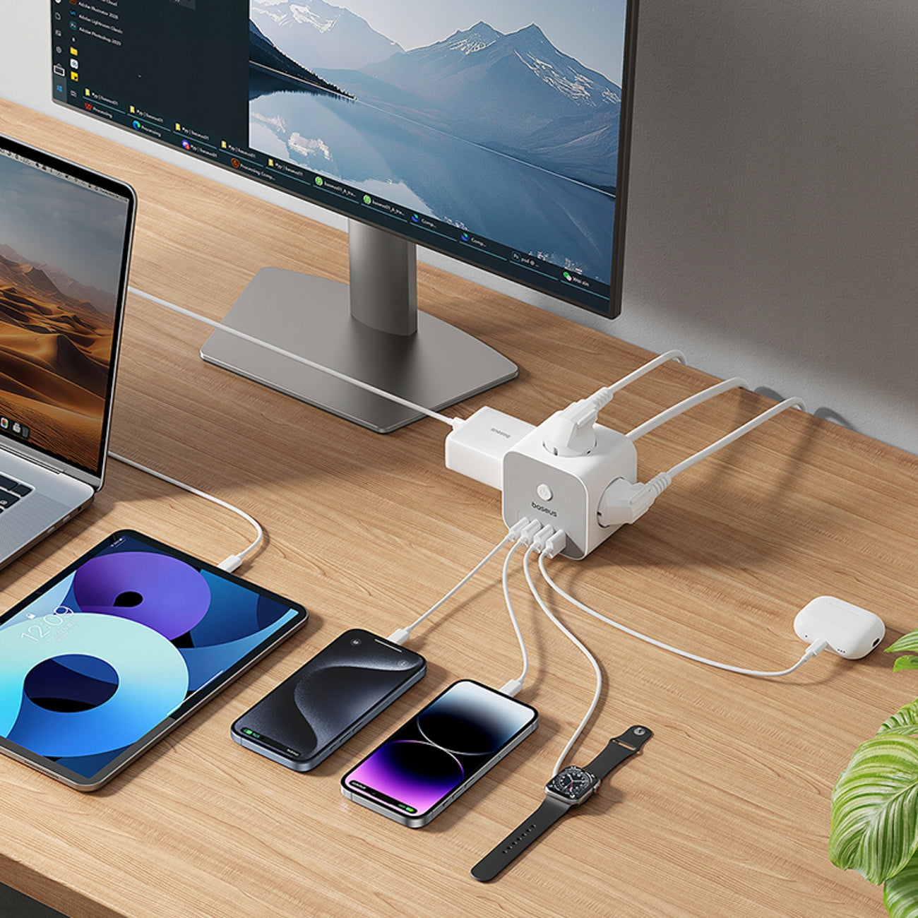 Удължител Baseus PowerCombo 7in1, 20W, 3A, 3 x USB-A - 1 x USB-C - 3 x Schuko, Бял E00066401213-00
