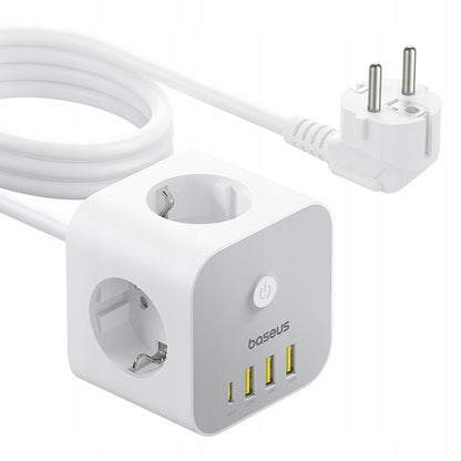 Удължител Baseus PowerCombo 7in1, 20W, 3A, 3 x USB-A - 1 x USB-C - 3 x Schuko, Бял E00066401213-00
