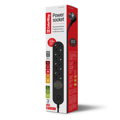 Удължител ColorWay, 4 x Schuko, Черен