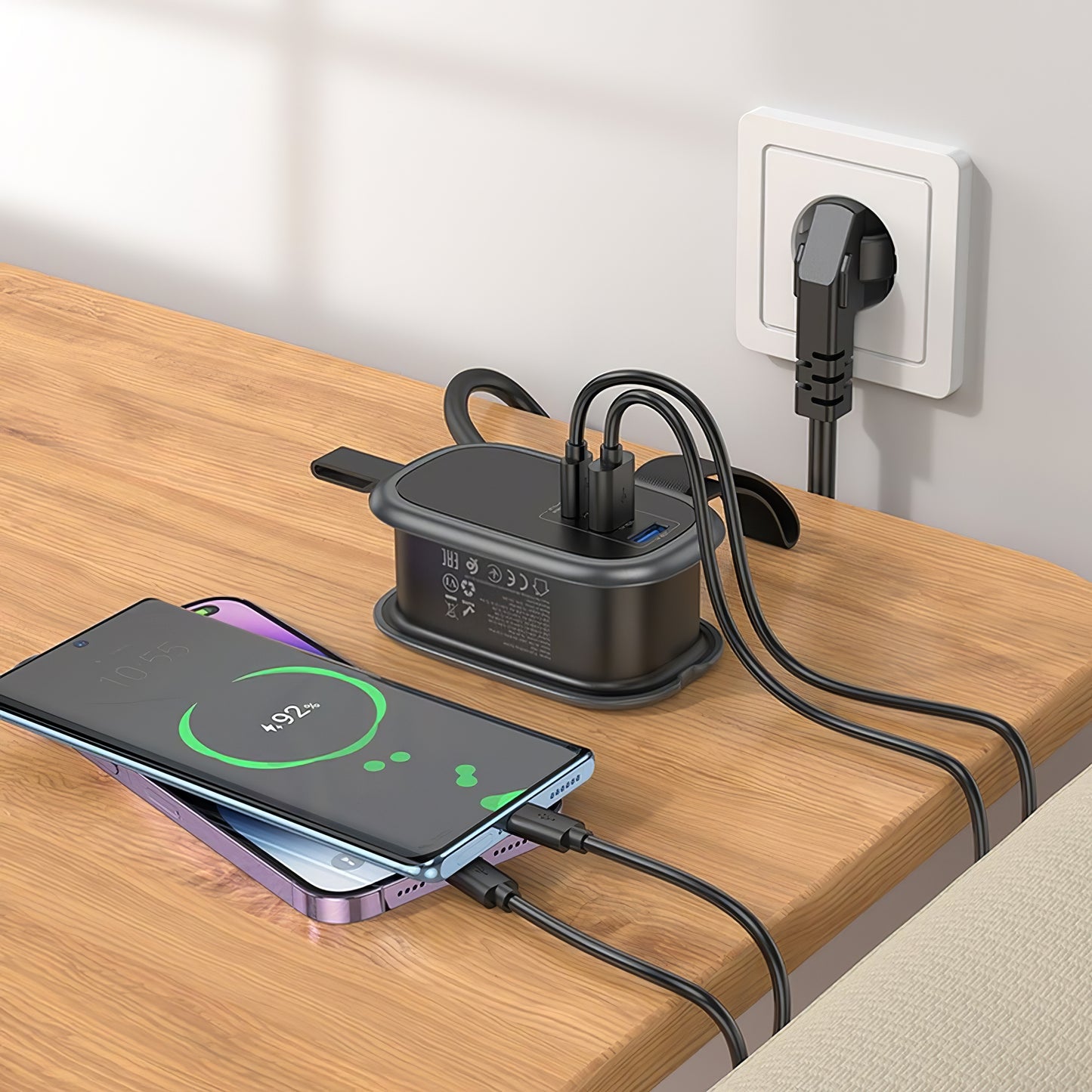 Мрежово зарядно устройство HOCO NS6, 2 x USB-A - 1 x USB-C - 1 x Schuko, черно