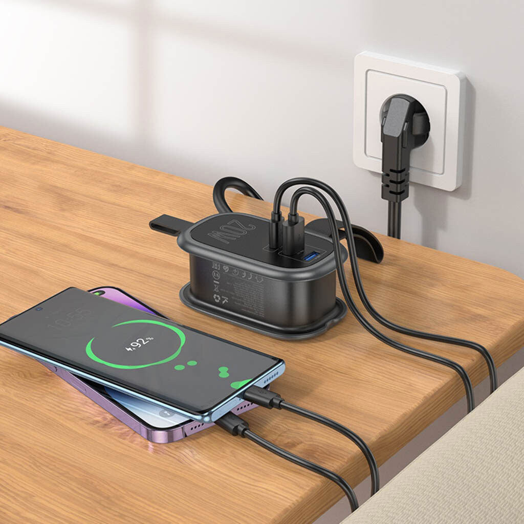 Мрежово зарядно устройство HOCO NS7, 2 x USB-A - 1 x USB-C - 1 x Schuko, черно 