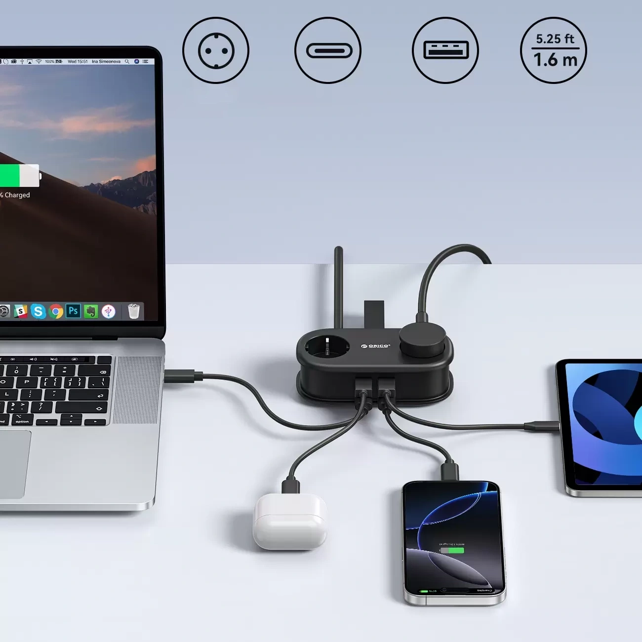 Удължител Orico AP3, 2 x Schuko - 2 x USB-A - 2 x USB-C, Черен