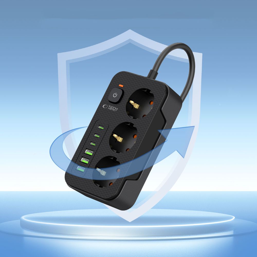 Удължител Tech-Protect PC3X6, 3 x Schuko, Черен
