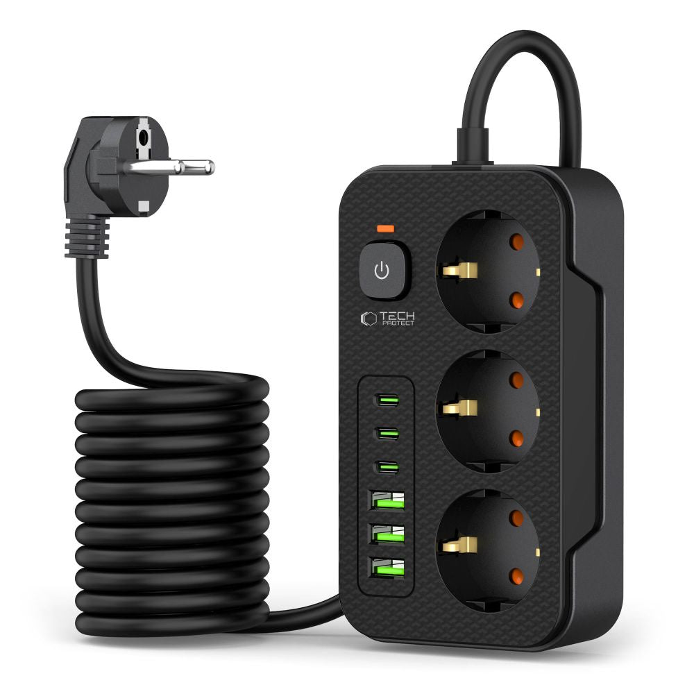 Удължител Tech-Protect PC3X6, 3 x Schuko, Черен