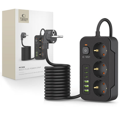 Удължител Tech-Protect PC3X6, 3 x Schuko, Черен