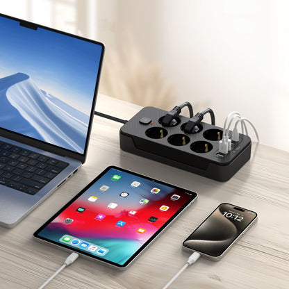 Мрежово зарядно устройство Tech-Protect PC6X6, 3 x USB-A - 3 x USB-C - 6 x Schuko, черно 