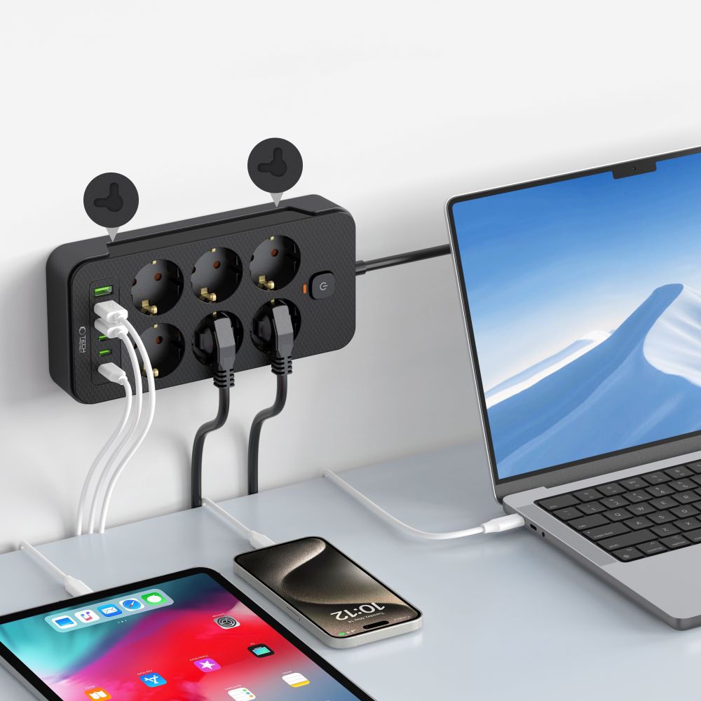 Мрежово зарядно устройство Tech-Protect PC6X6, 3 x USB-A - 3 x USB-C - 6 x Schuko, черно 