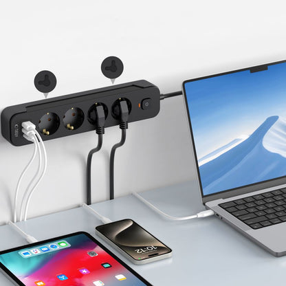 Мрежово зарядно устройство Tech-Protect PCL4X3, 2 x USB-A - 1 x USB-C - 4 x Schuko, черно 