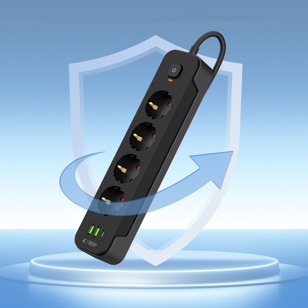 Мрежово зарядно устройство Tech-Protect PCL4X3, 2 x USB-A - 1 x USB-C - 4 x Schuko, черно 