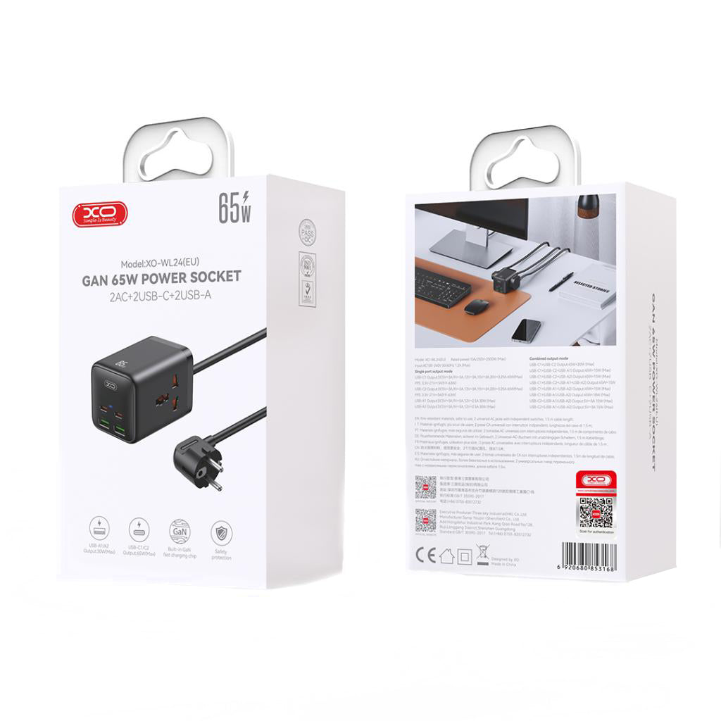 Удължител XO Design WL24, 2 x Контакт, Черен