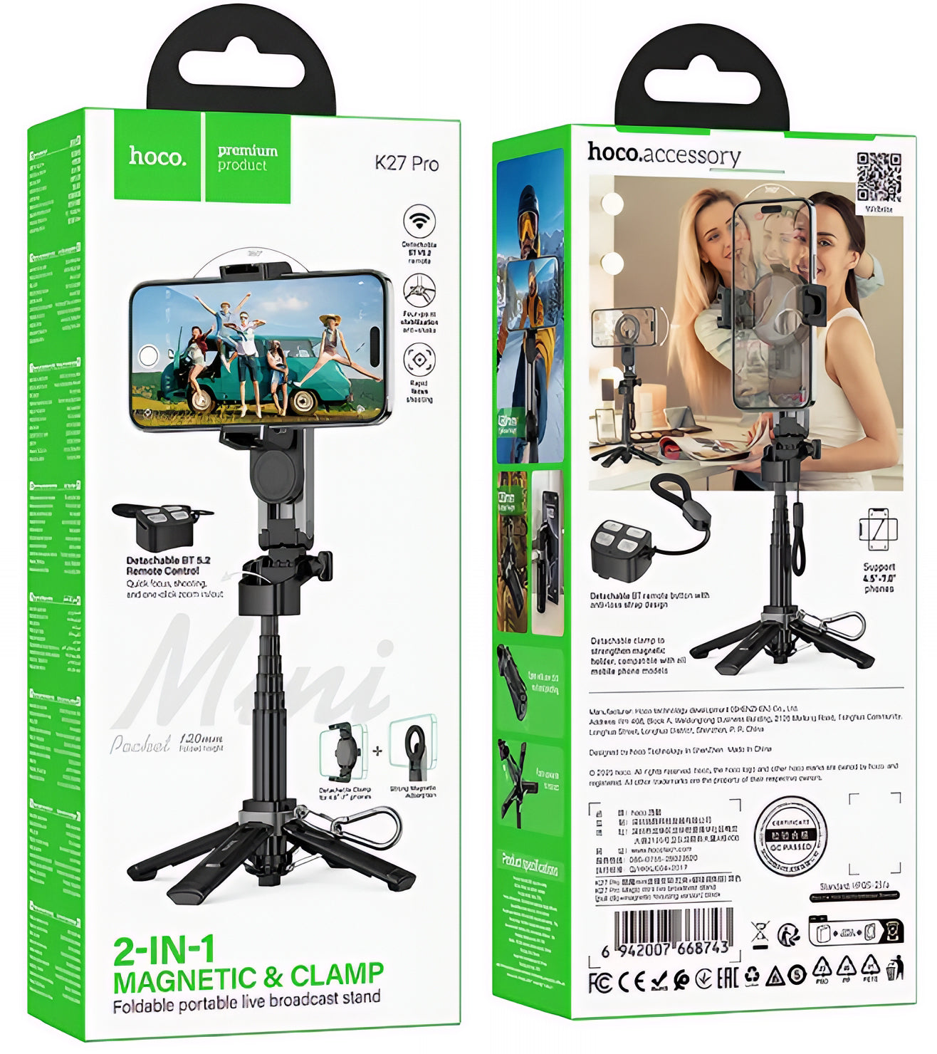 Селфи стик Bluetooth HOCO K27 Pro, Универсален, Черен