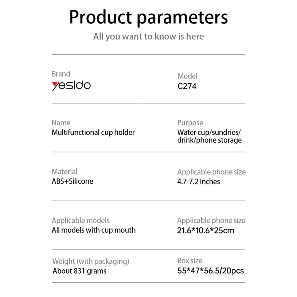 Yesido C274 Car Holder, 4.7inch - 7.2inch, Black