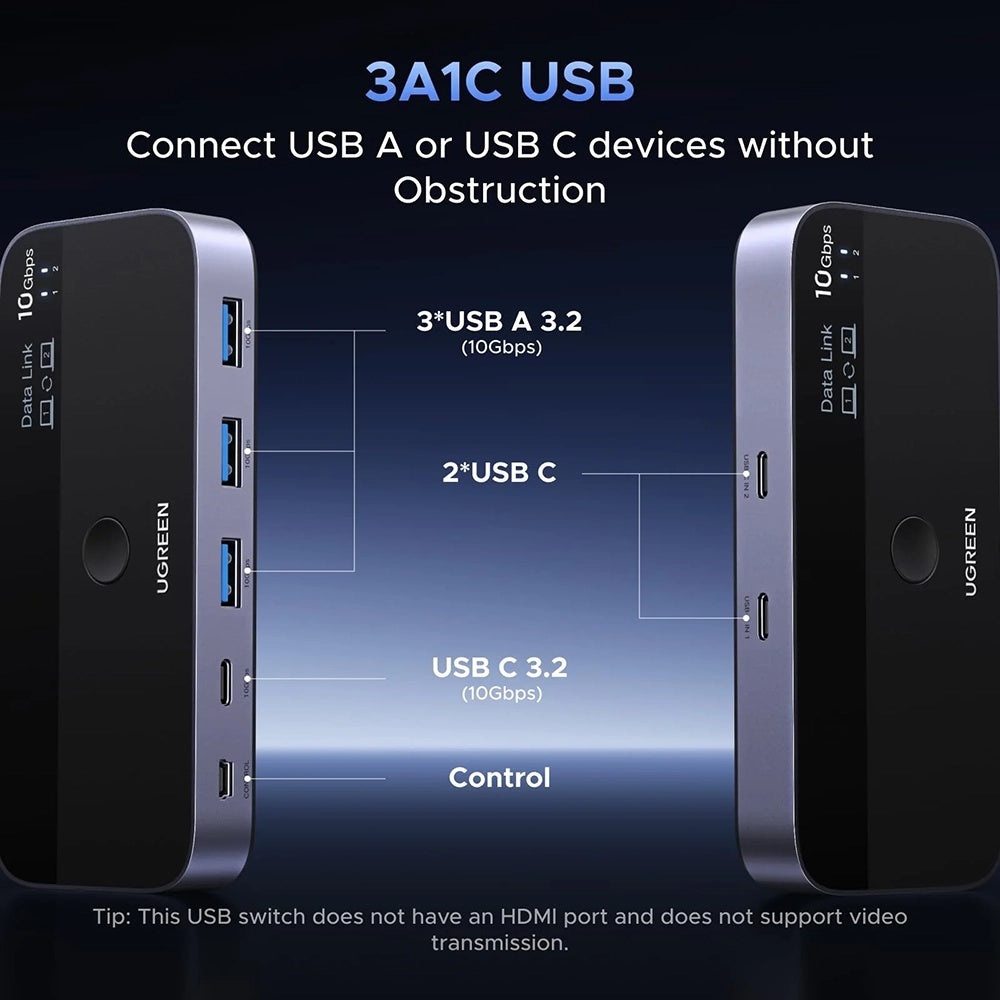 Switch USB UGREEN CM691 (45784), 3 x USB-A 3.2 - 1 x USB-C - 1 x miniUSB, Черен