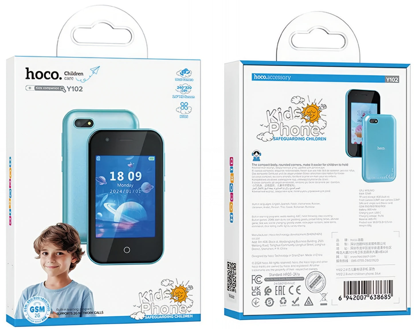 Мобилен телефон HOCO Y102 Kids, 2G, Дисплей 2.8 инча, Син